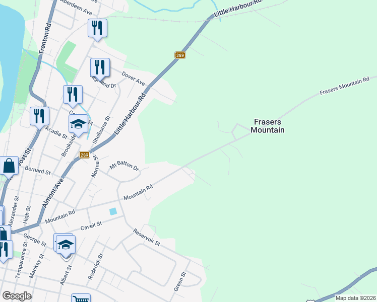 map of restaurants, bars, coffee shops, grocery stores, and more near 526 Mountain Road in New Glasgow