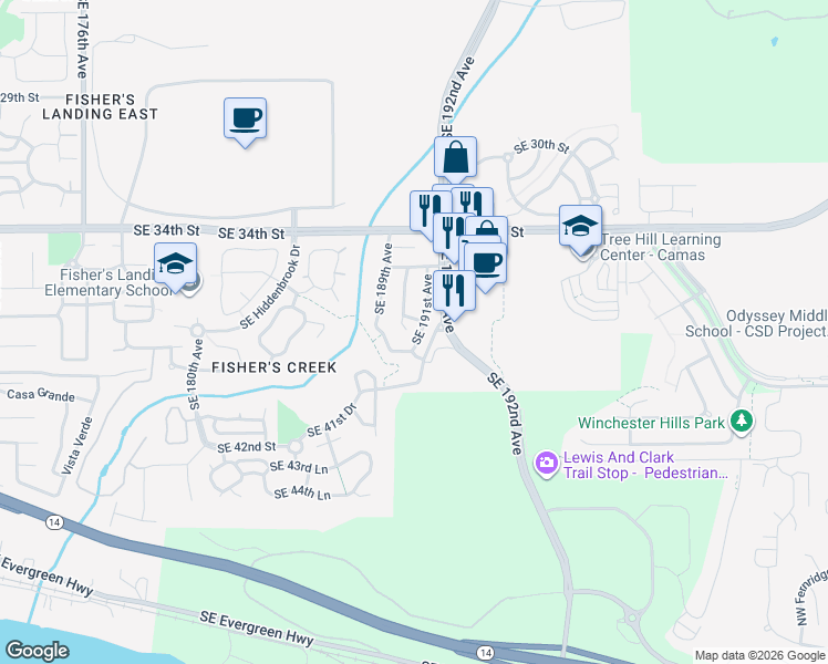 map of restaurants, bars, coffee shops, grocery stores, and more near 19007 Southeast 39th Way in Vancouver