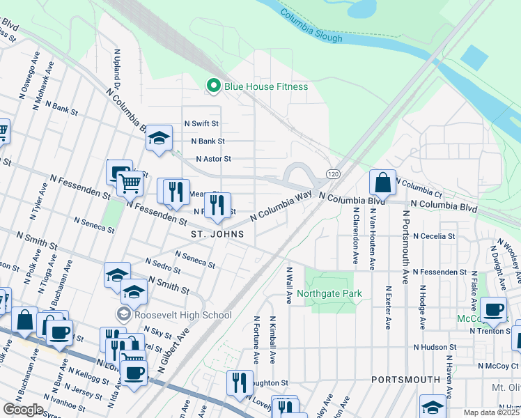 map of restaurants, bars, coffee shops, grocery stores, and more near 6265 North Columbia Way in Portland