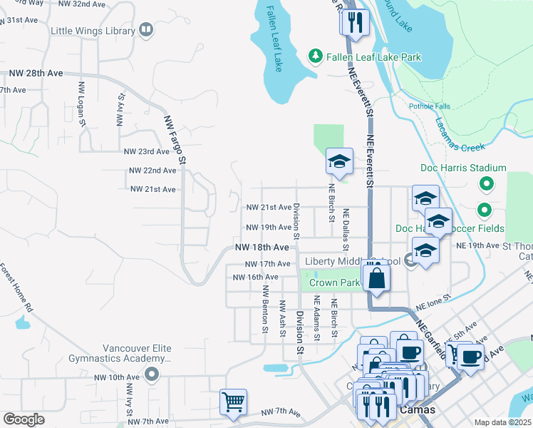 map of restaurants, bars, coffee shops, grocery stores, and more near 2022 Northwest Benton Street in Camas