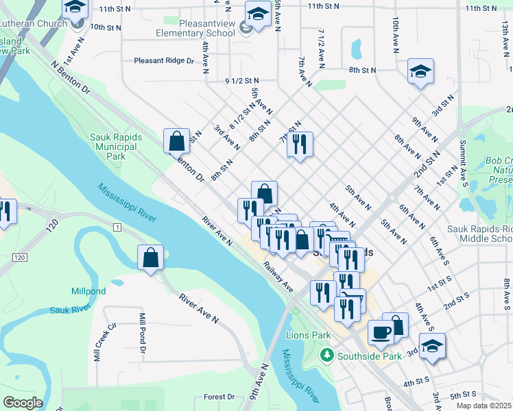map of restaurants, bars, coffee shops, grocery stores, and more near 521 2nd Avenue North in Sauk Rapids
