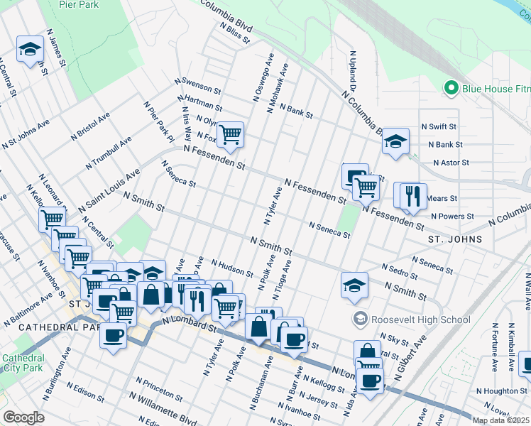map of restaurants, bars, coffee shops, grocery stores, and more near 9406 North Tyler Avenue in Portland