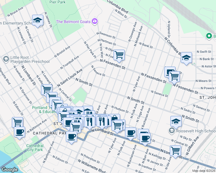 map of restaurants, bars, coffee shops, grocery stores, and more near 9224 North Richmond Avenue in Portland