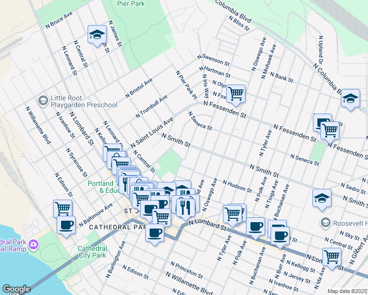 map of restaurants, bars, coffee shops, grocery stores, and more near 8420 North Smith Street in Portland