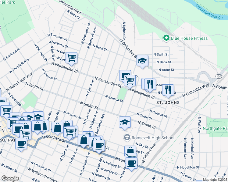 map of restaurants, bars, coffee shops, grocery stores, and more near 9448 North Buchanan Avenue in Portland