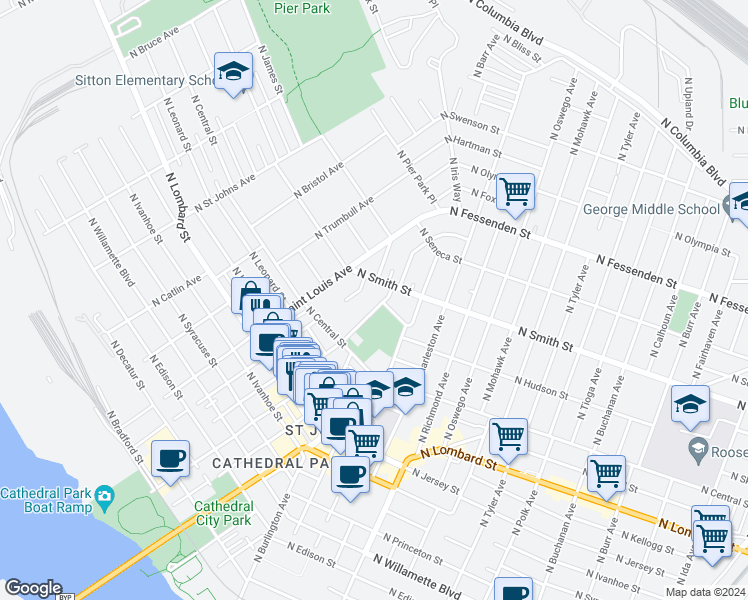 map of restaurants, bars, coffee shops, grocery stores, and more near 9037 North Chicago Avenue in Portland