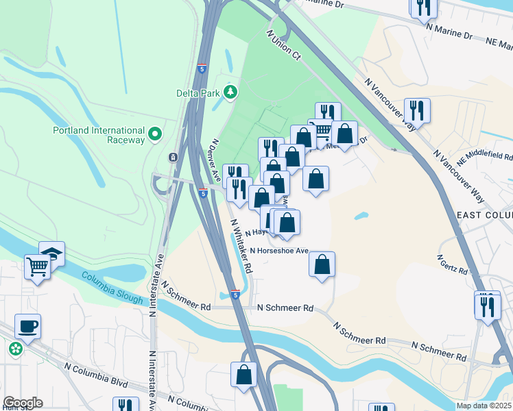 map of restaurants, bars, coffee shops, grocery stores, and more near 1215 N Hayden Meadows Dr in Portland