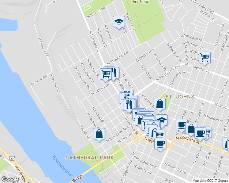 map of restaurants, bars, coffee shops, grocery stores, and more near 9333 North Lombard Street in Portland