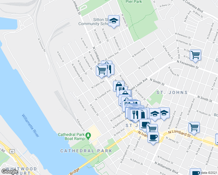 map of restaurants, bars, coffee shops, grocery stores, and more near 9333 North Lombard Street in Portland