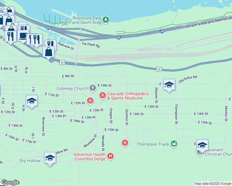 map of restaurants, bars, coffee shops, grocery stores, and more near 1800 East 11th Street in The Dalles
