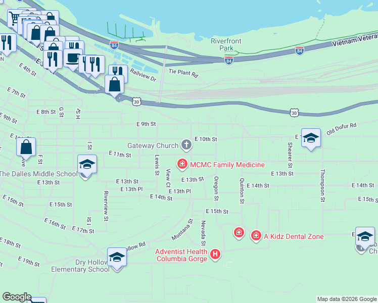 map of restaurants, bars, coffee shops, grocery stores, and more near 1110 Dry Hollow Road in The Dalles