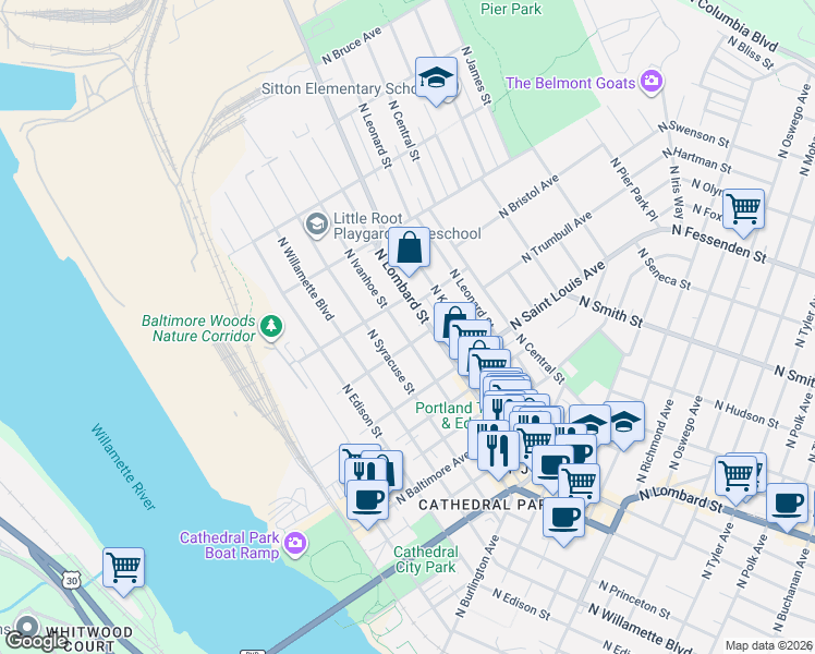 map of restaurants, bars, coffee shops, grocery stores, and more near 9327 North Ivanhoe Street in Portland