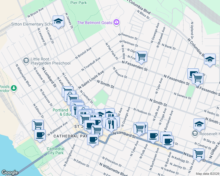 map of restaurants, bars, coffee shops, grocery stores, and more near 8420 North Smith Street in Portland