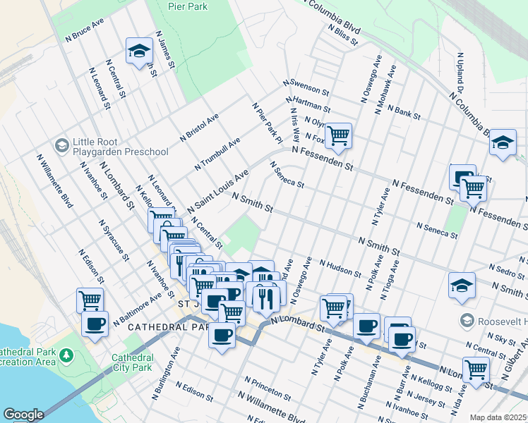 map of restaurants, bars, coffee shops, grocery stores, and more near 8420 North Smith Street in Portland