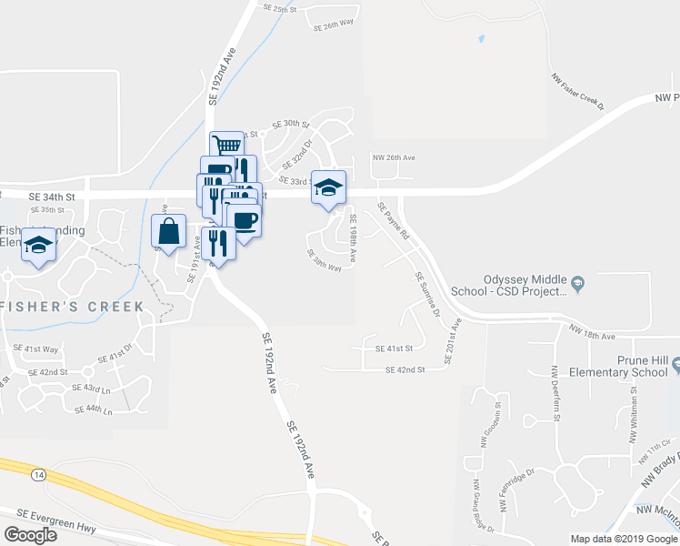 map of restaurants, bars, coffee shops, grocery stores, and more near 19763 SE 38th Way in Camas