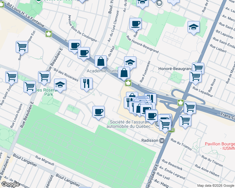 map of restaurants, bars, coffee shops, grocery stores, and more near 7333 Rue Pierre-Corneille in Montréal