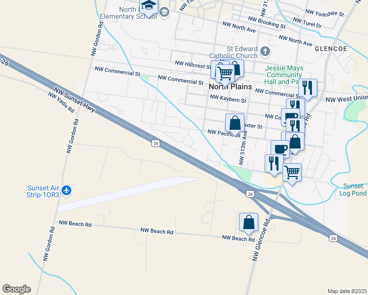 map of restaurants, bars, coffee shops, grocery stores, and more near 31710 Northwest Meadow Drive in North Plains