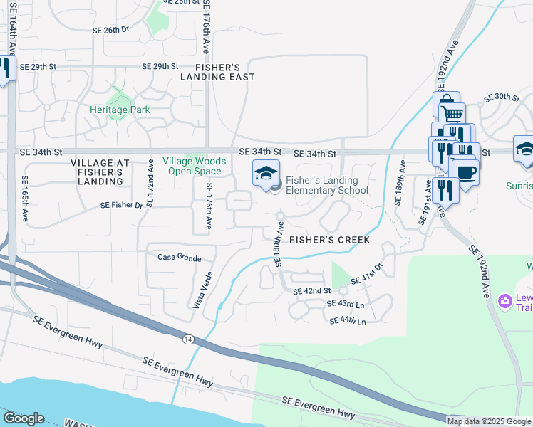 map of restaurants, bars, coffee shops, grocery stores, and more near 3800 Southeast Hiddenbrook Drive in Vancouver