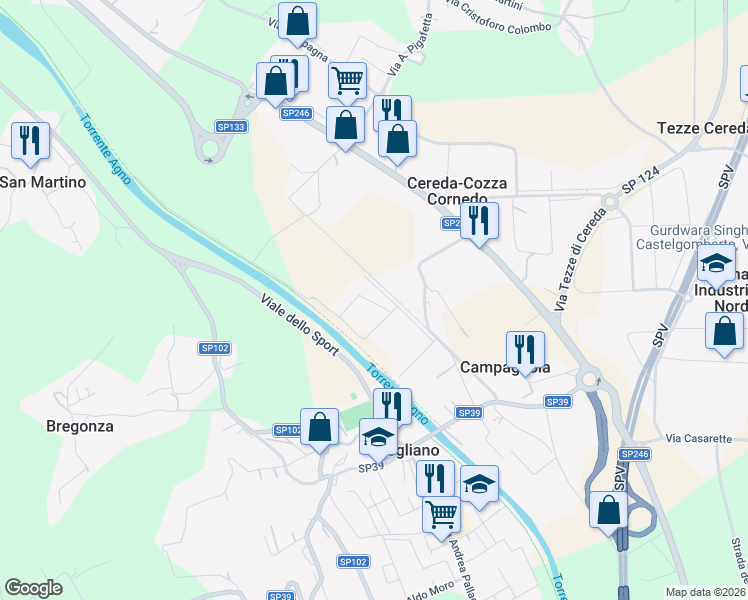 map of restaurants, bars, coffee shops, grocery stores, and more near 4 Via della Scienza in Brogliano