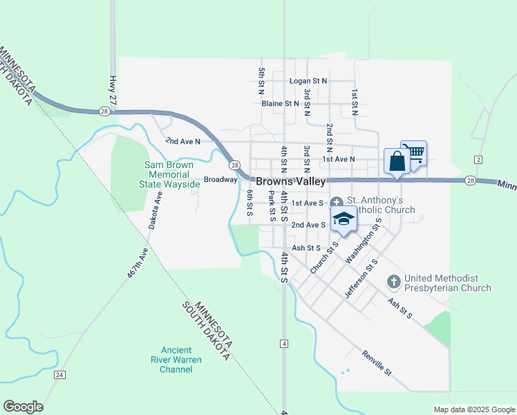 map of restaurants, bars, coffee shops, grocery stores, and more near 511 1st Avenue North in Browns Valley