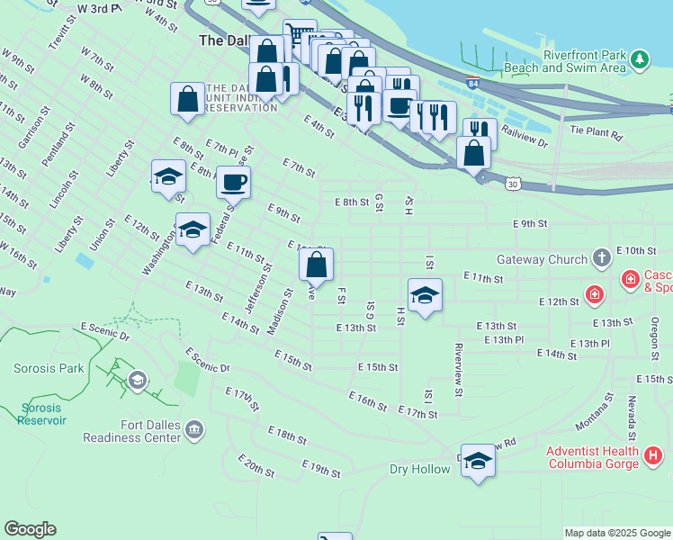 map of restaurants, bars, coffee shops, grocery stores, and more near 805 East 11th Street in The Dalles