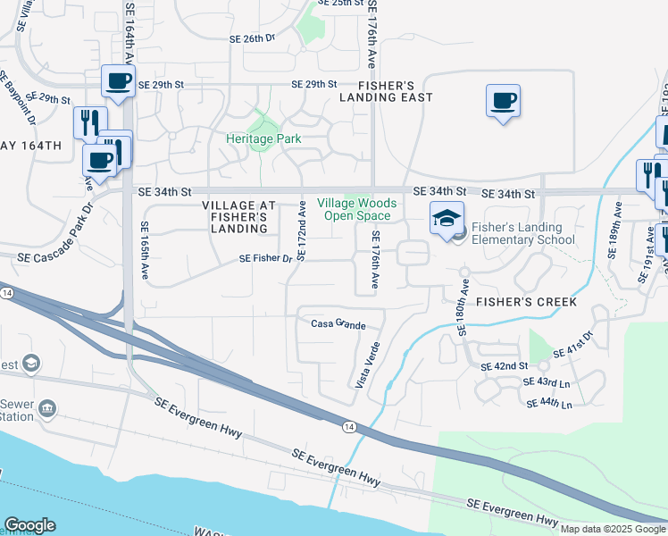 map of restaurants, bars, coffee shops, grocery stores, and more near 17301 Southeast Fisher Drive in Vancouver