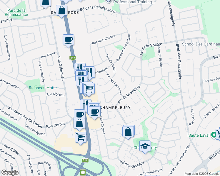 map of restaurants, bars, coffee shops, grocery stores, and more near 2745 Rue des Albatros in Laval