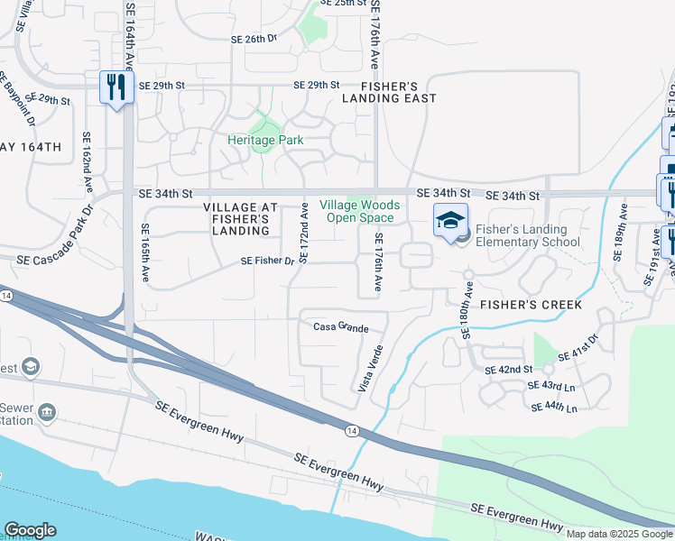 map of restaurants, bars, coffee shops, grocery stores, and more near 17301 Southeast Fisher Drive in Vancouver
