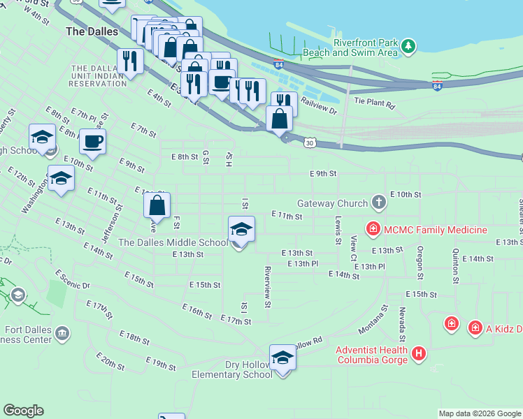 map of restaurants, bars, coffee shops, grocery stores, and more near 1219 East 11th Street in The Dalles