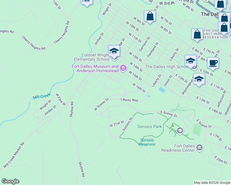 map of restaurants, bars, coffee shops, grocery stores, and more near 2015 West Scenic Drive in The Dalles