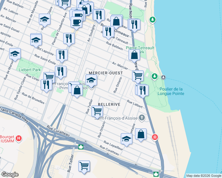 map of restaurants, bars, coffee shops, grocery stores, and more near 8220 Rue Baillargé in Montréal