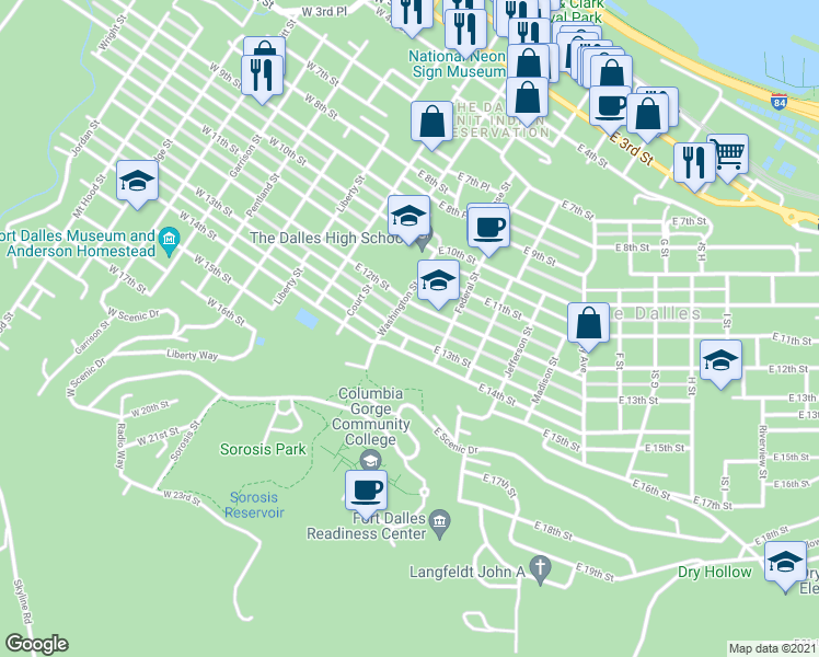 map of restaurants, bars, coffee shops, grocery stores, and more near 311 East 13th Street in The Dalles