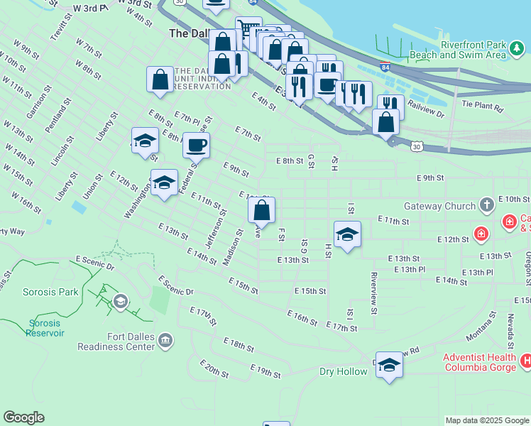 map of restaurants, bars, coffee shops, grocery stores, and more near 805 East 11th Street in The Dalles