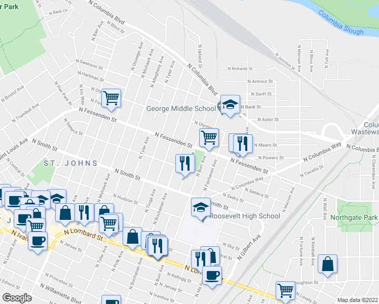 map of restaurants, bars, coffee shops, grocery stores, and more near 9465 North Calhoun Avenue in Portland