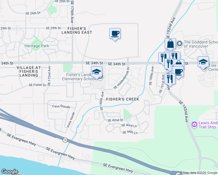 map of restaurants, bars, coffee shops, grocery stores, and more near 3713 Southeast 182nd Avenue in Vancouver