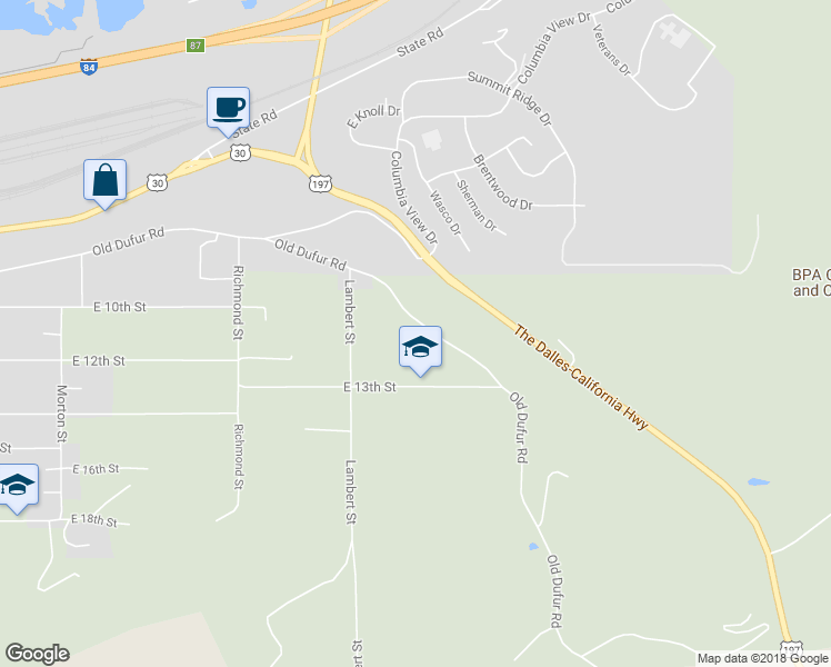 map of restaurants, bars, coffee shops, grocery stores, and more near 3304 Old Dufur Road in The Dalles