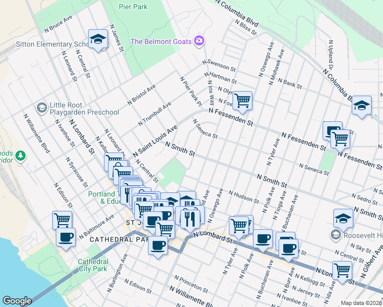 map of restaurants, bars, coffee shops, grocery stores, and more near 8420 North Smith Street in Portland