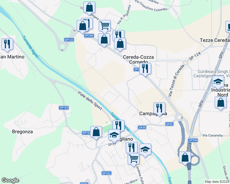 map of restaurants, bars, coffee shops, grocery stores, and more near 4 Via della Scienza in Brogliano