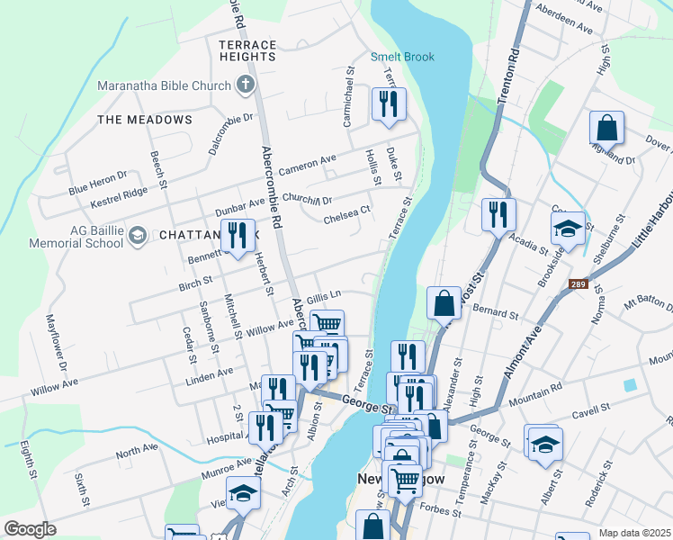 map of restaurants, bars, coffee shops, grocery stores, and more near 93 Elm Street in New Glasgow