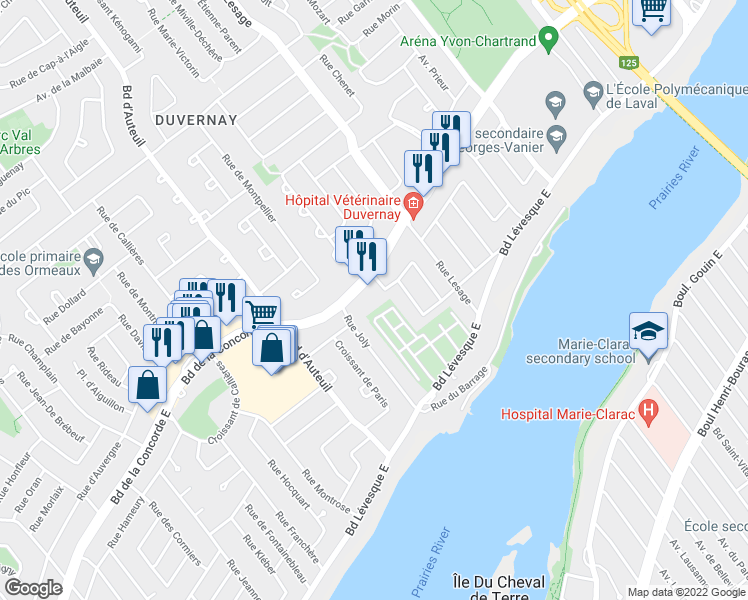 map of restaurants, bars, coffee shops, grocery stores, and more near 3542 Boulevard de la Concorde Est in Laval