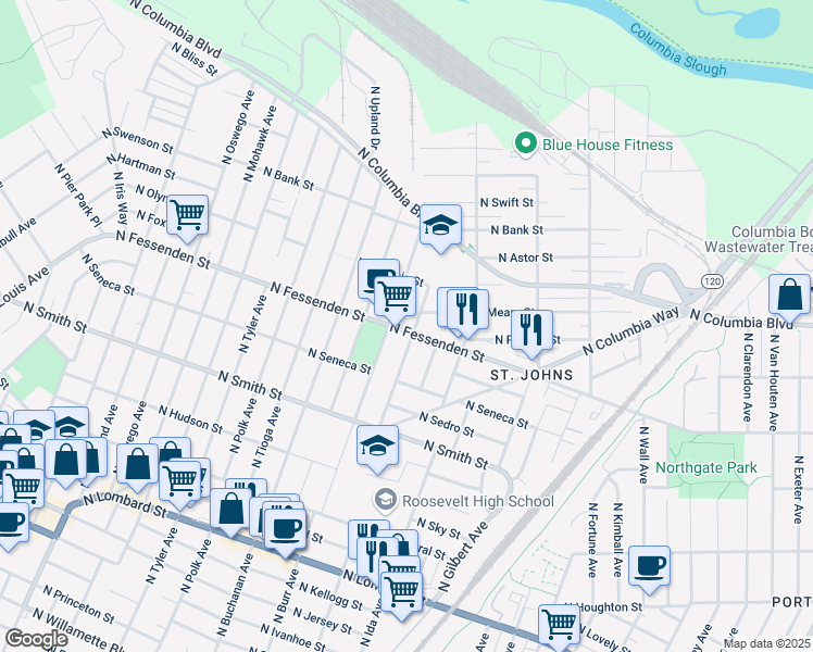 map of restaurants, bars, coffee shops, grocery stores, and more near 1219 North Fessenden Street in Portland