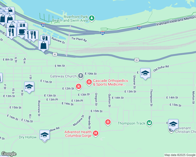 map of restaurants, bars, coffee shops, grocery stores, and more near 1800 East 11th Street in The Dalles