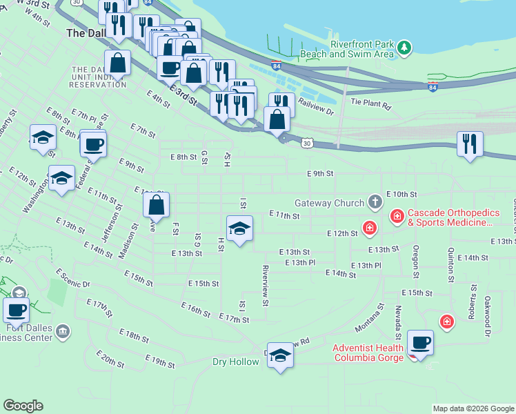 map of restaurants, bars, coffee shops, grocery stores, and more near 1219 East 11th Street in The Dalles