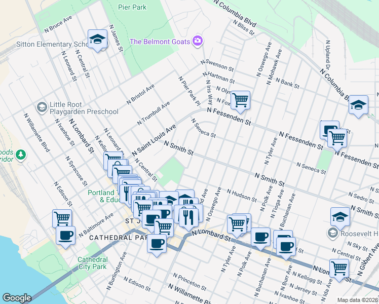map of restaurants, bars, coffee shops, grocery stores, and more near 8420 North Smith Street in Portland