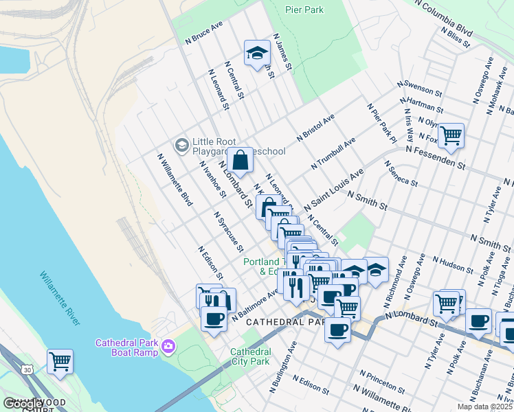 map of restaurants, bars, coffee shops, grocery stores, and more near 9333 North Lombard Street in Portland