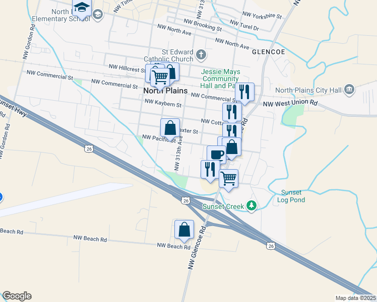 map of restaurants, bars, coffee shops, grocery stores, and more near 10255 Northwest 312th Place in North Plains