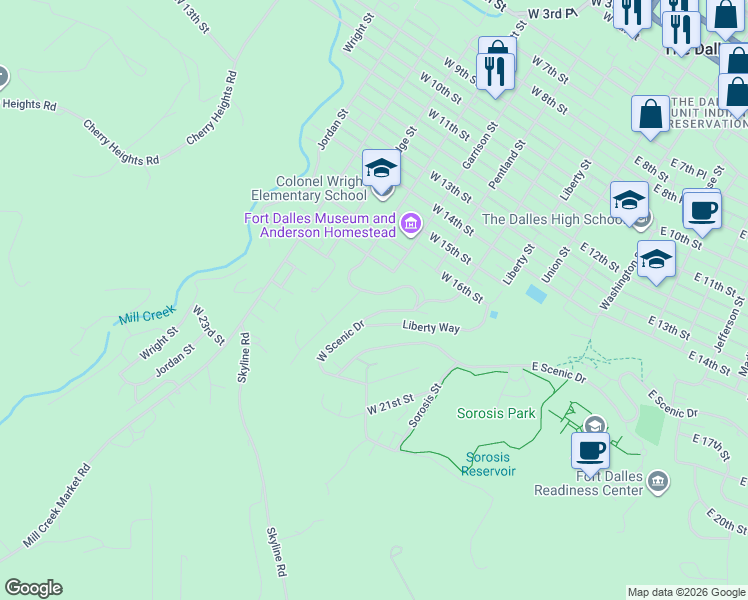 map of restaurants, bars, coffee shops, grocery stores, and more near 2015 West Scenic Drive in The Dalles
