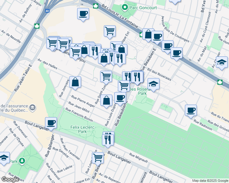 map of restaurants, bars, coffee shops, grocery stores, and more near 6790 Place d'Antioche in Montréal