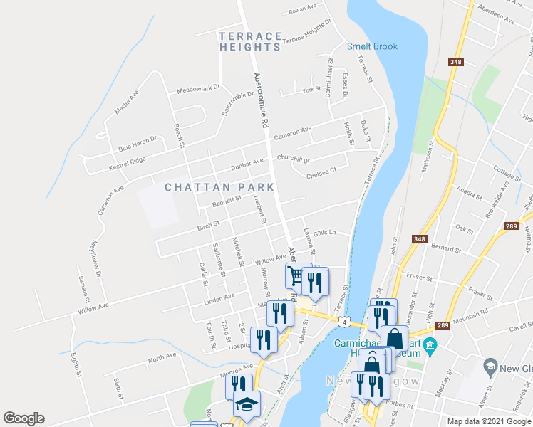 map of restaurants, bars, coffee shops, grocery stores, and more near 95 Herbert Street in New Glasgow
