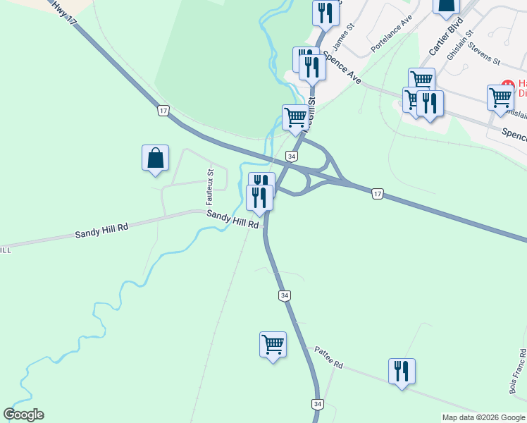 map of restaurants, bars, coffee shops, grocery stores, and more near 1680 Ontario 34 in Hawkesbury